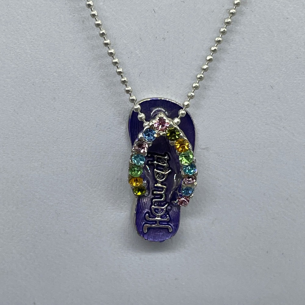 Hawaii Flip Flop Pendant Necklace Purple Enamel Multicolor Rhinestone SilverTone